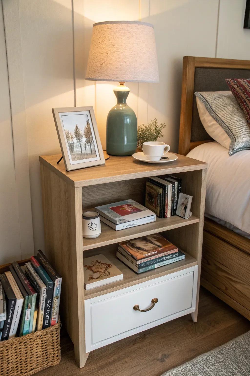 Multi-functional storage keeps your nightstand organized.