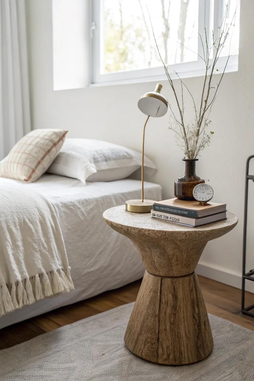 Sculptural stools create an artistic bedroom statement.
