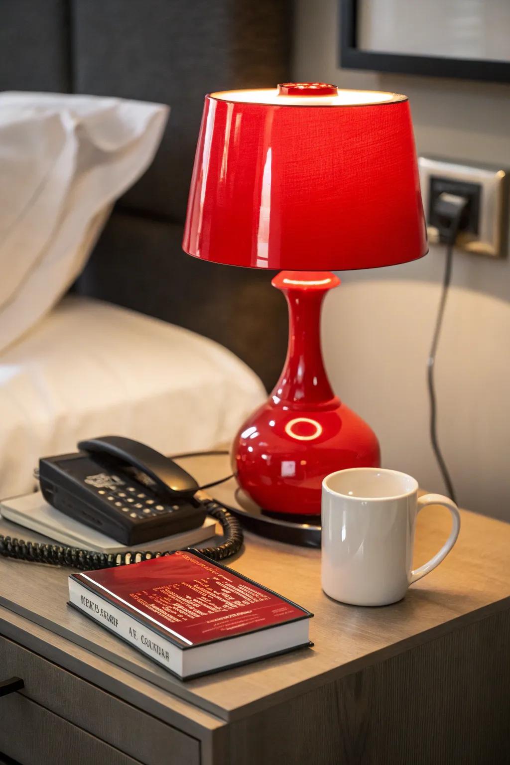 A splash of bold color enlivens the nightstand corner.