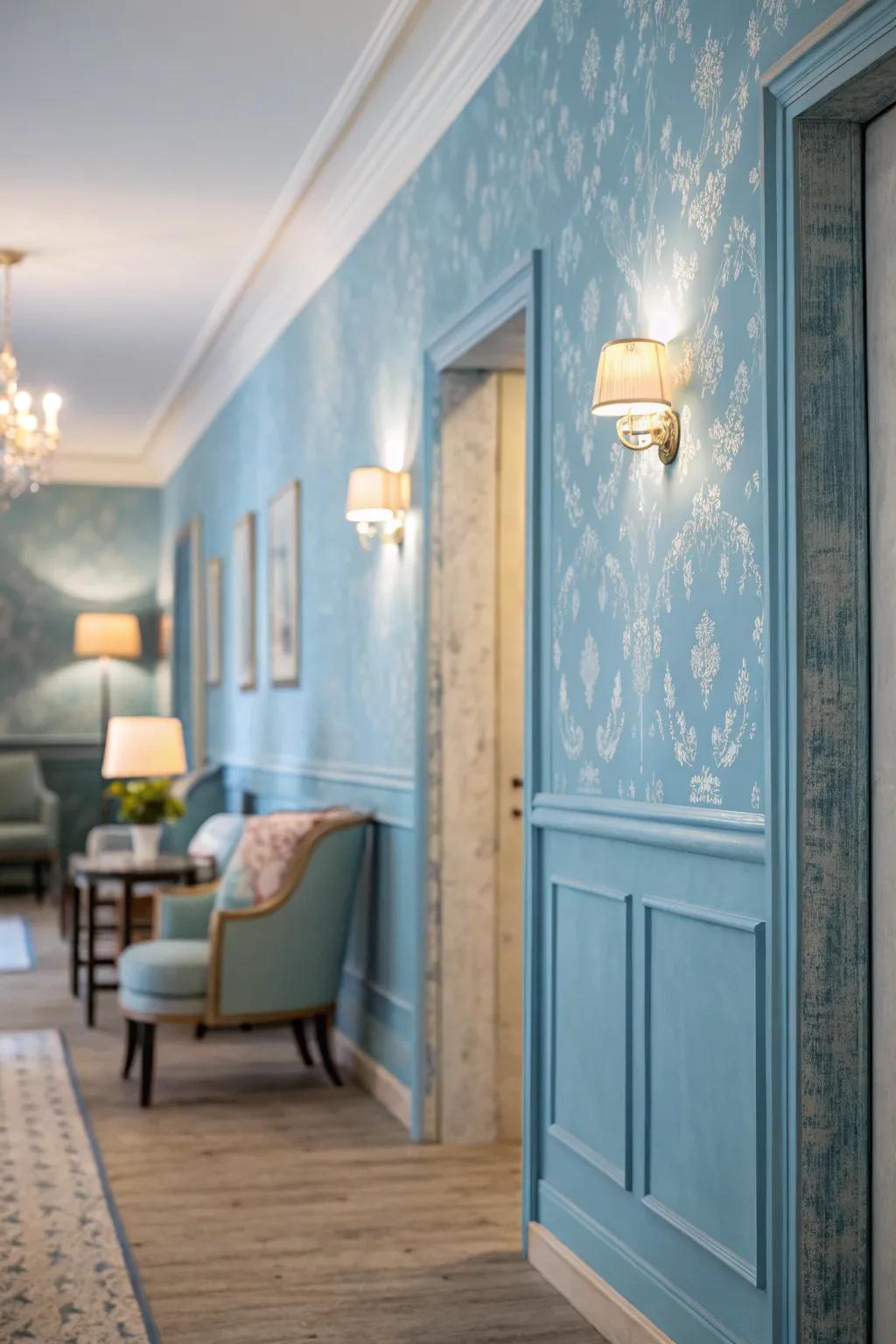 Calming blue wallpaper enhancing interior space.