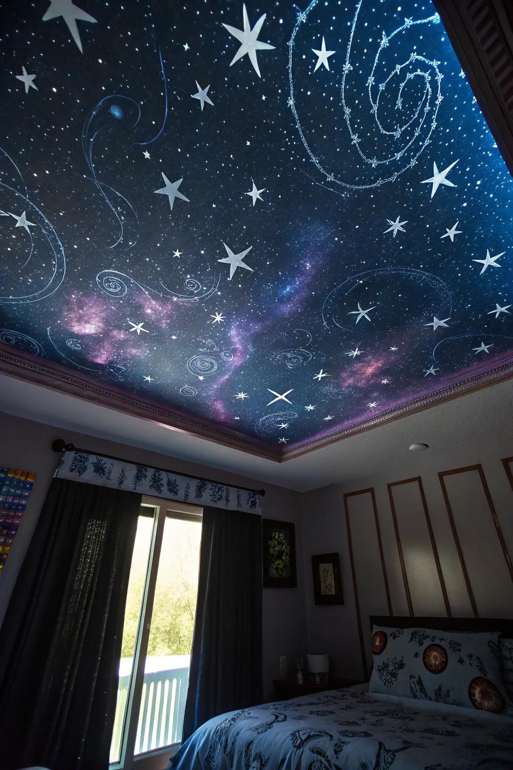 Ceiling decorated with starry night ambiance.