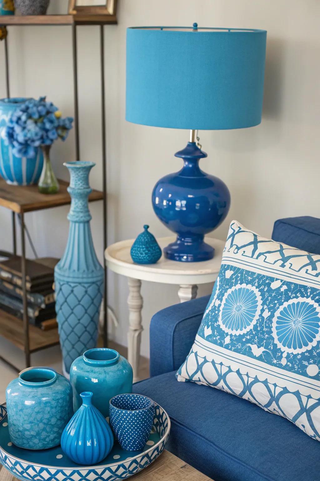 Playful blue decorative items enlivening interiors.