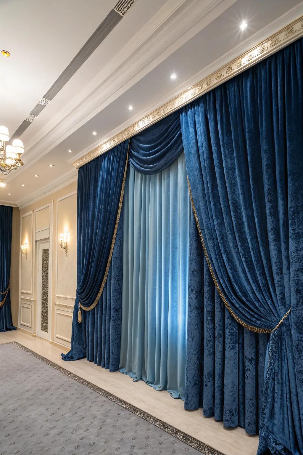 Velvet curtains in blue adding sophistication and richness.