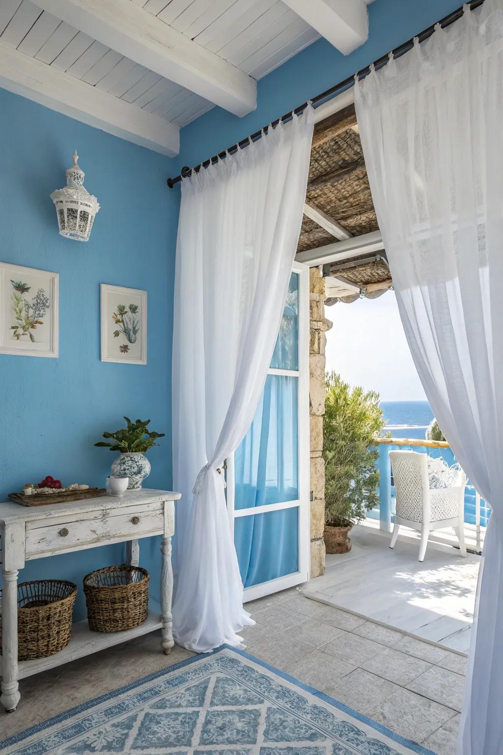 Blue and white décor creating a fresh and balanced look.