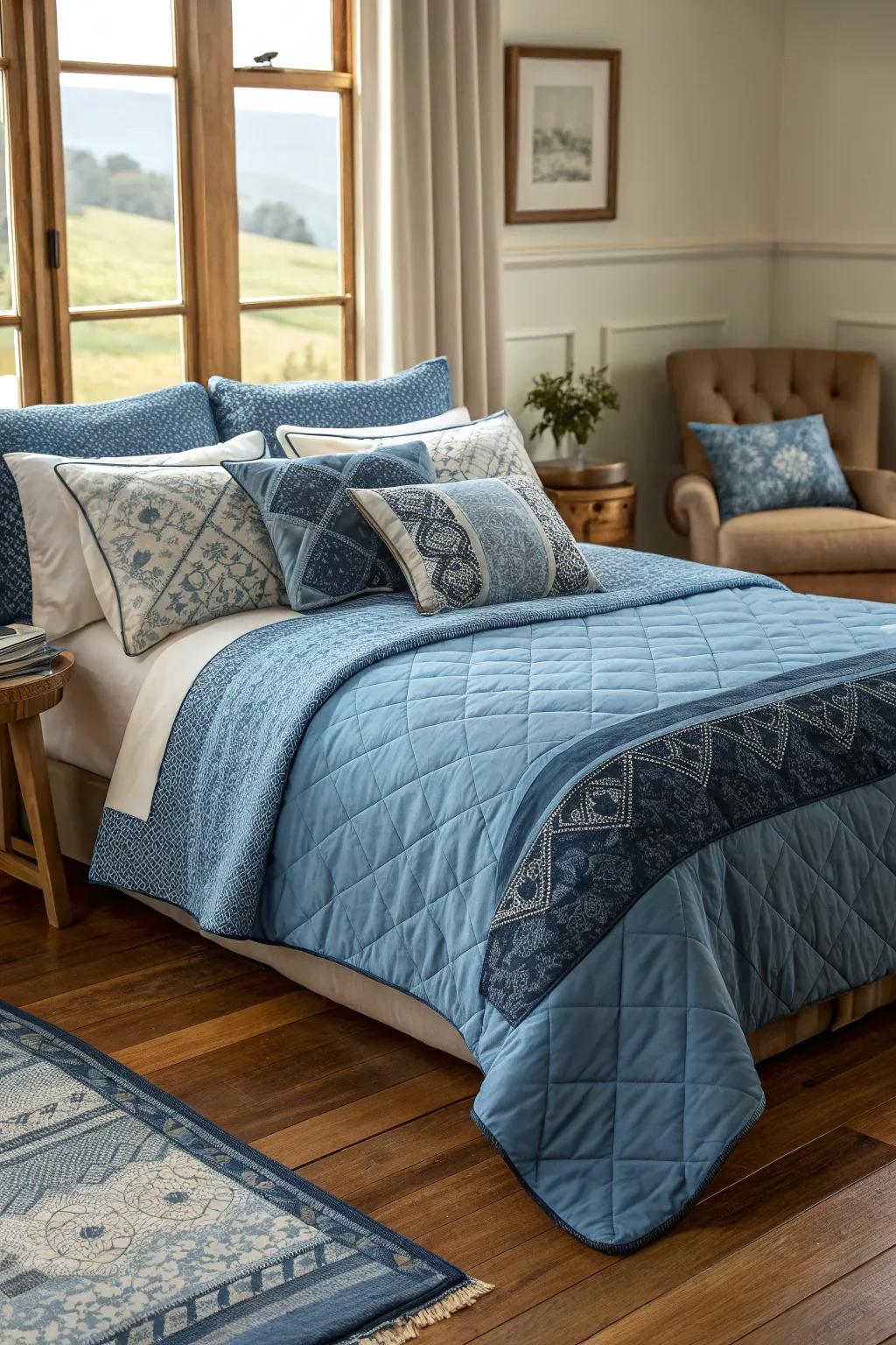 Blue bedding with rich textures creating an inviting vibe.