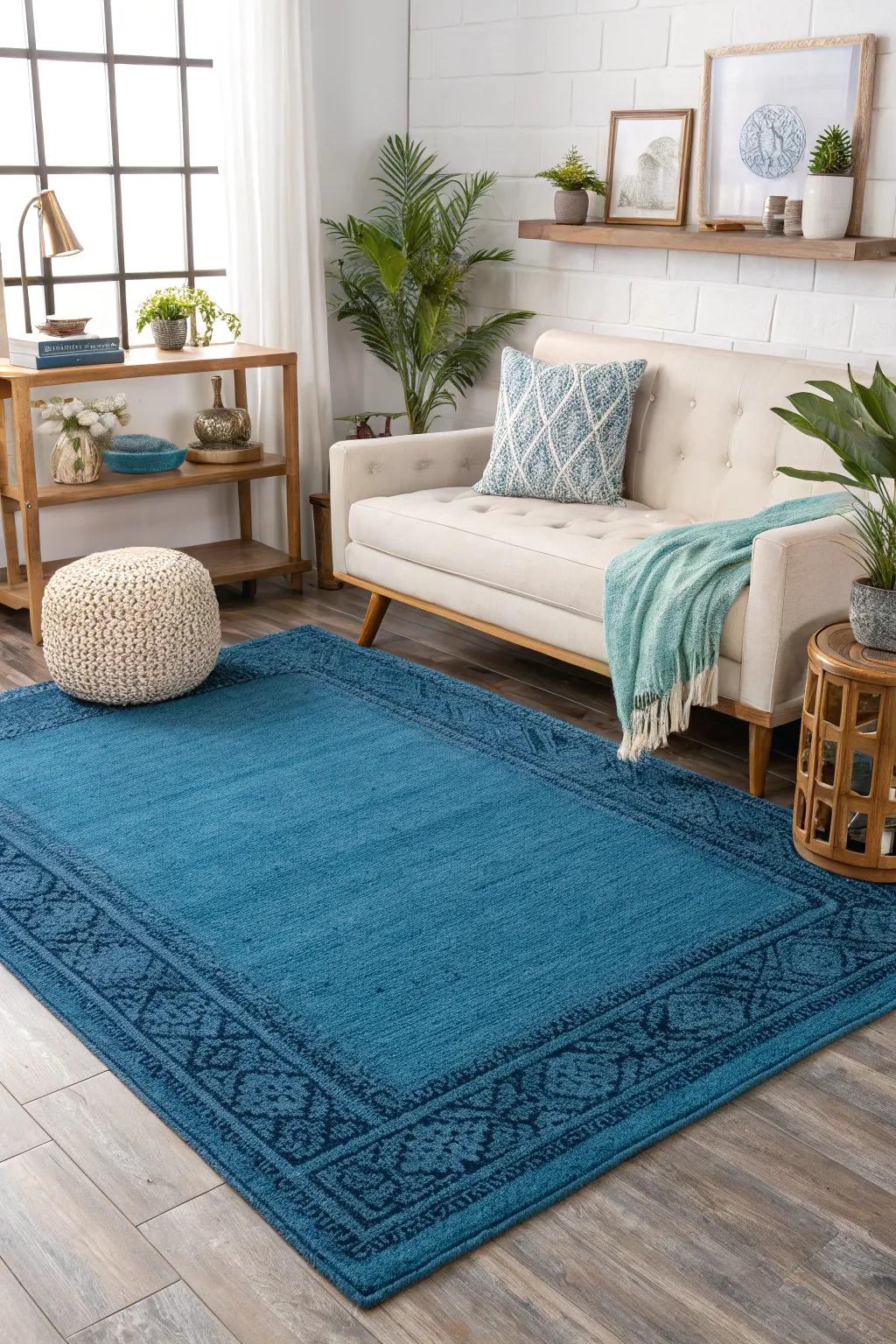 Blue accent rugs brightening and defining room sections.