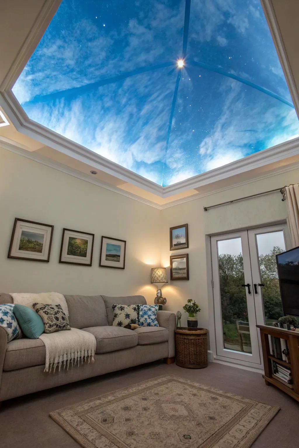 Ceiling painted in soft blue creating an expansive illusion.