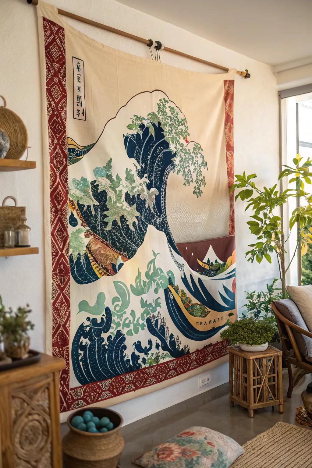 Wave-inspired tapestry evoking the ocean's calmness.