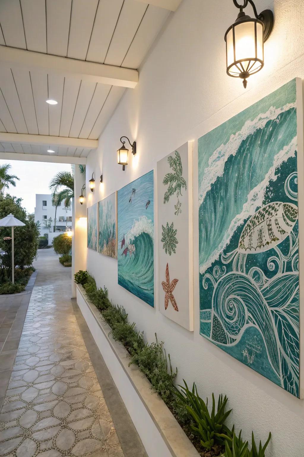 Ocean-themed artwork enhancing room serenity.