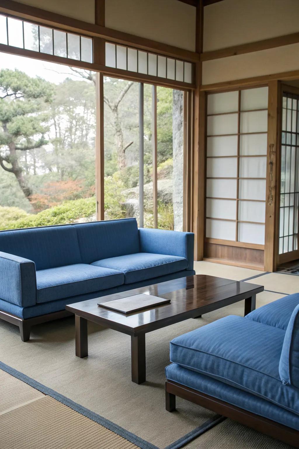 Sleek minimalist furniture complementing blue decor.