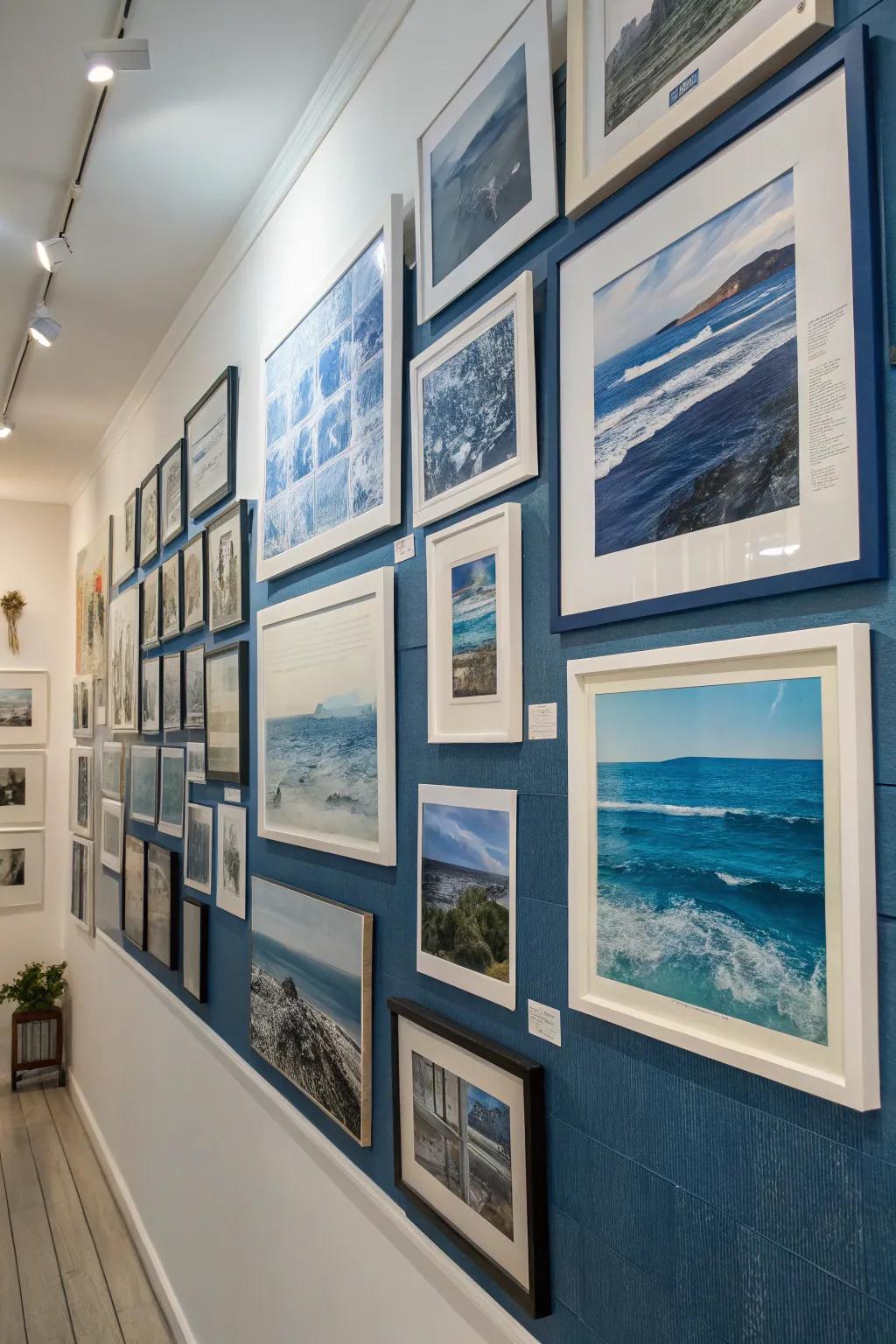 Curated gallery wall with artworks emphasizing blue tones.