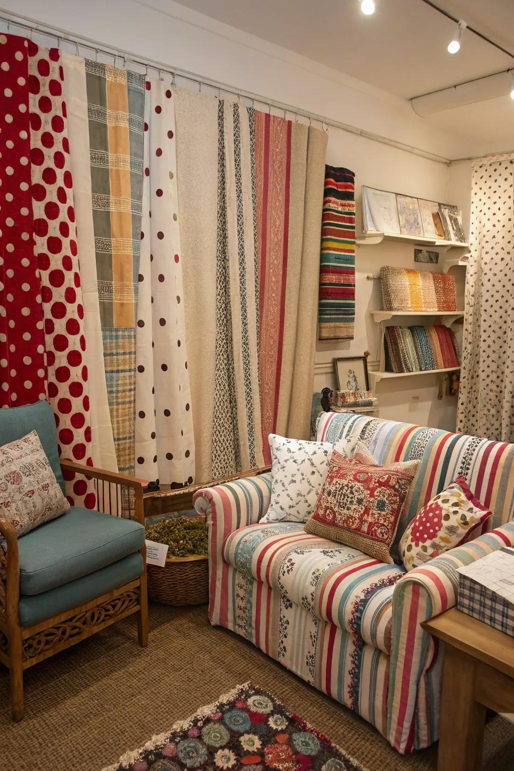 Playful blue textile patterns enliven the room's atmosphere.