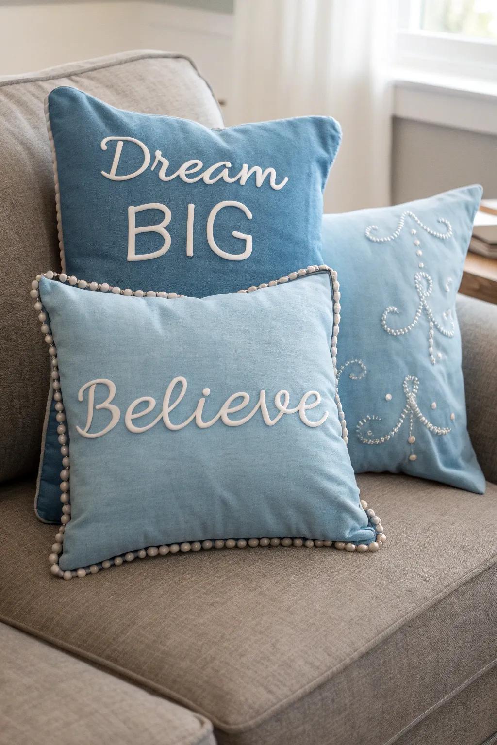 Decorative blue pillows adding texture and personality.