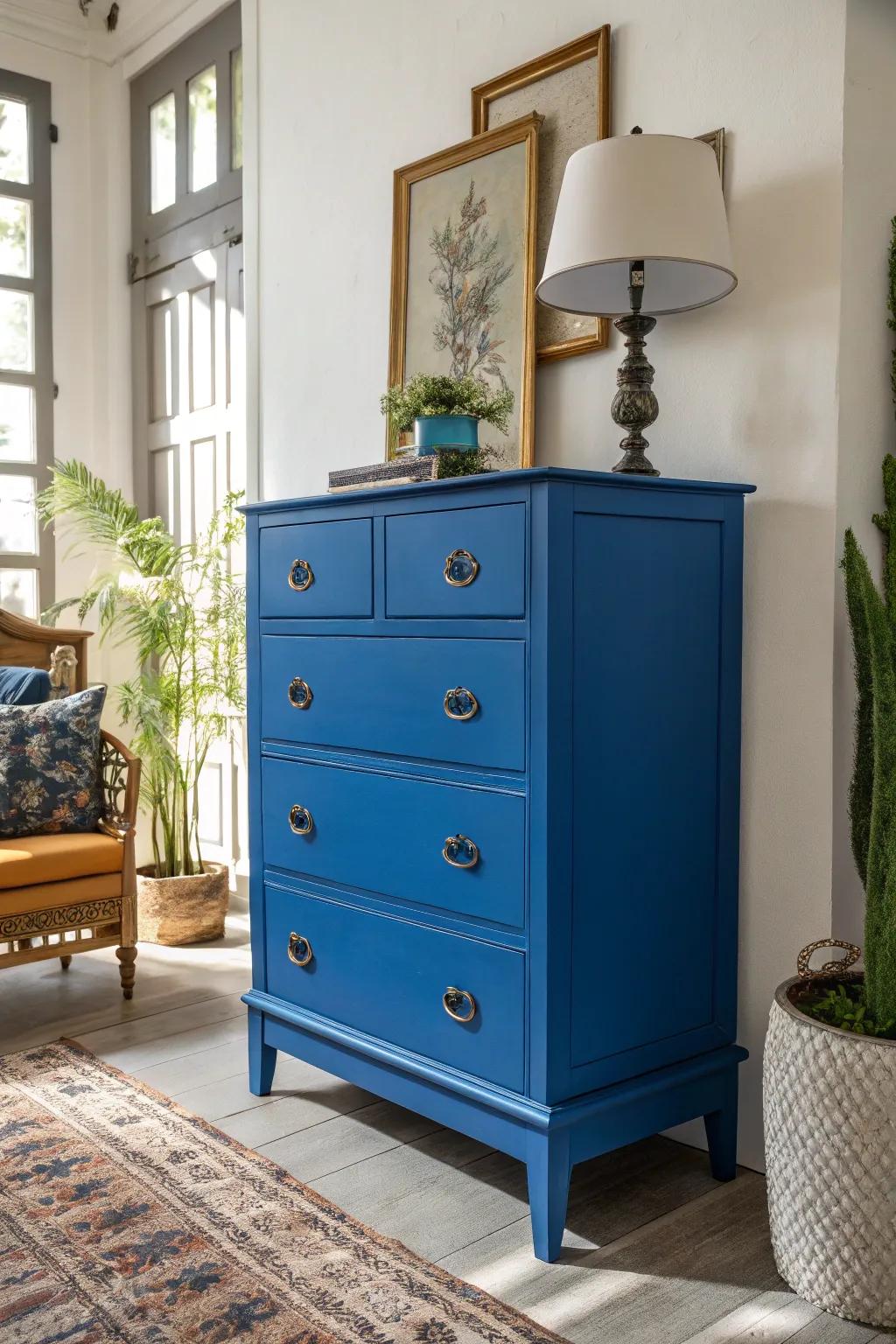 Bold blue-painted furniture serving as a vibrant center of the room.