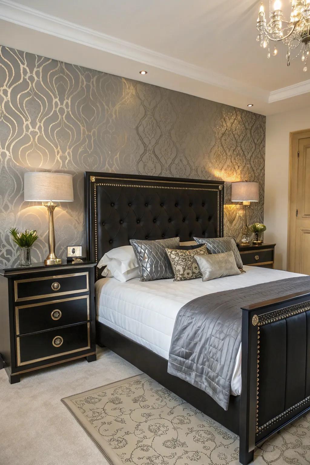 Stylish bedroom featuring metallic elements paired with a black headboard