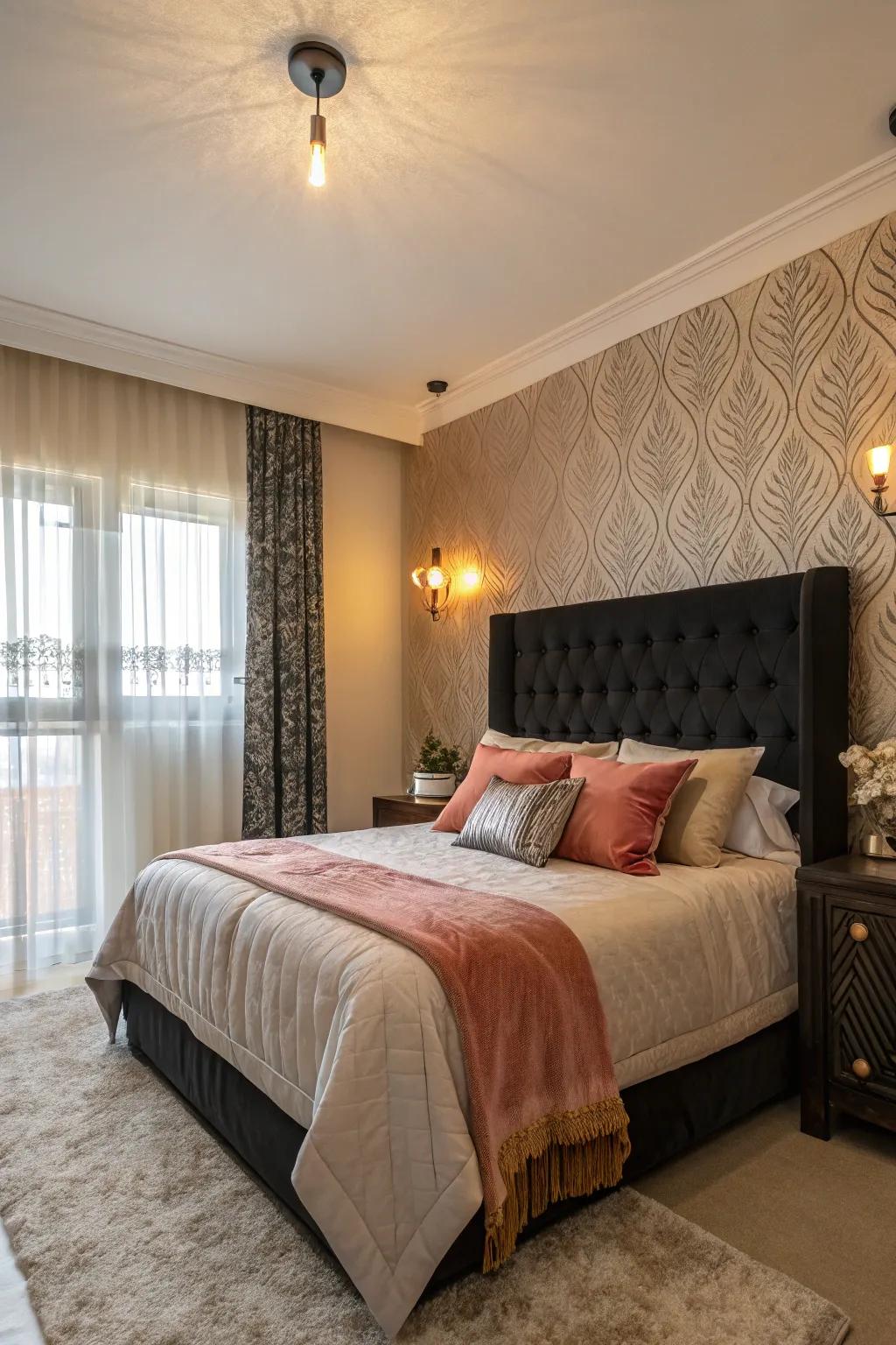 Elegant bedroom featuring a black headboard and a rich accent wall