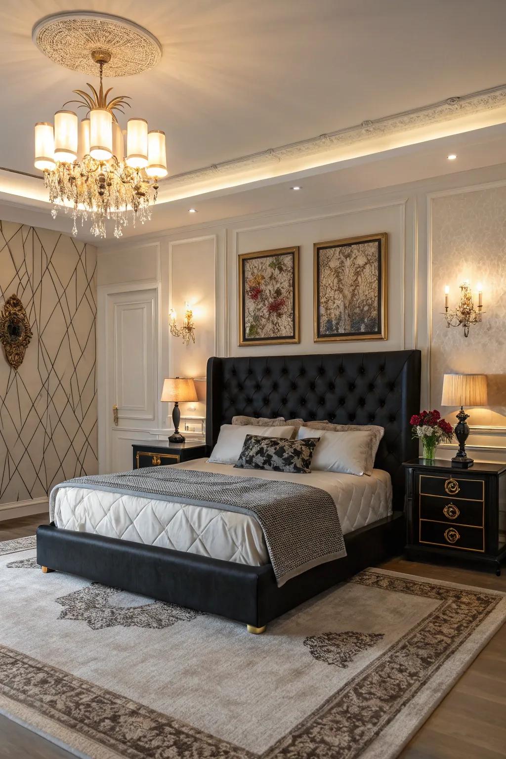 Bedroom featuring a striking light fixture above a black headboard