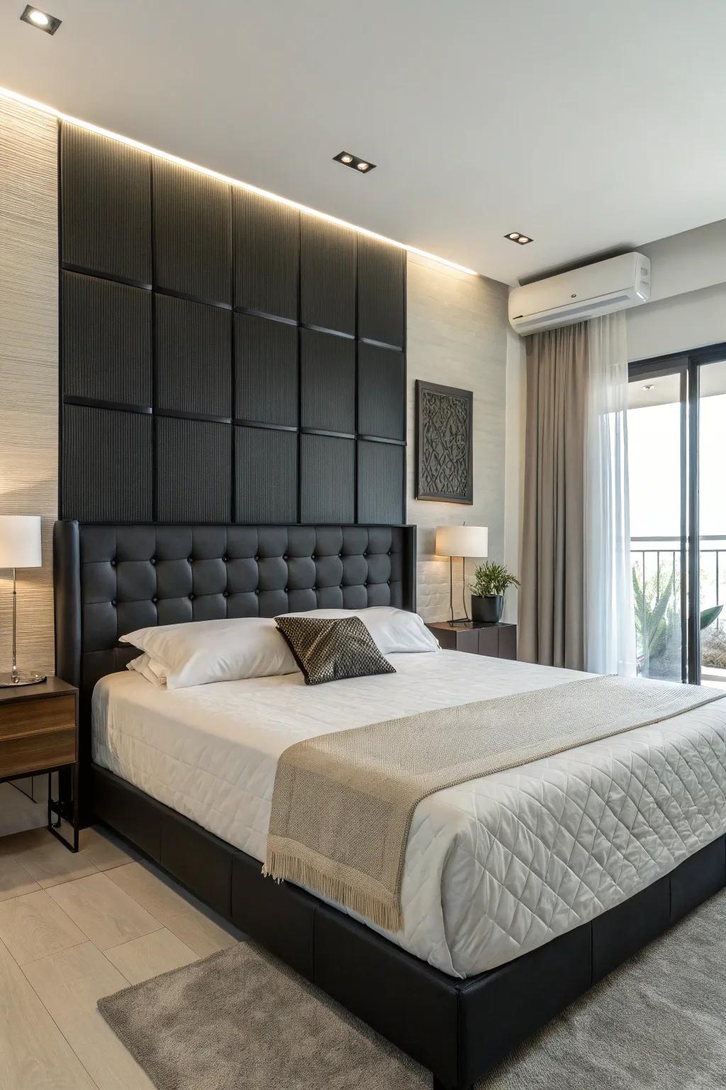 Contemporary minimalist bedroom with a bold black headboard