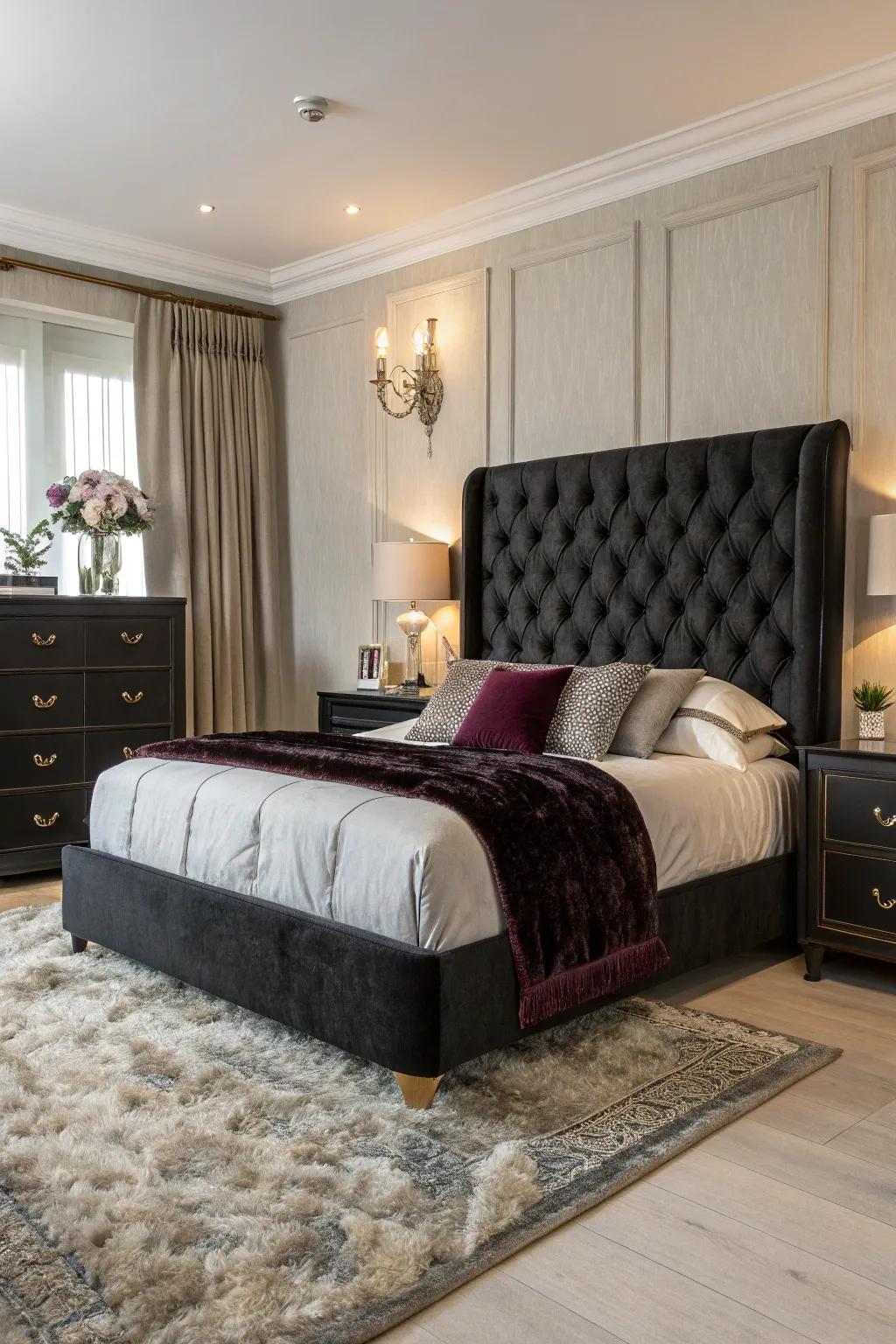 Cozy bedroom featuring a tufted black headboard