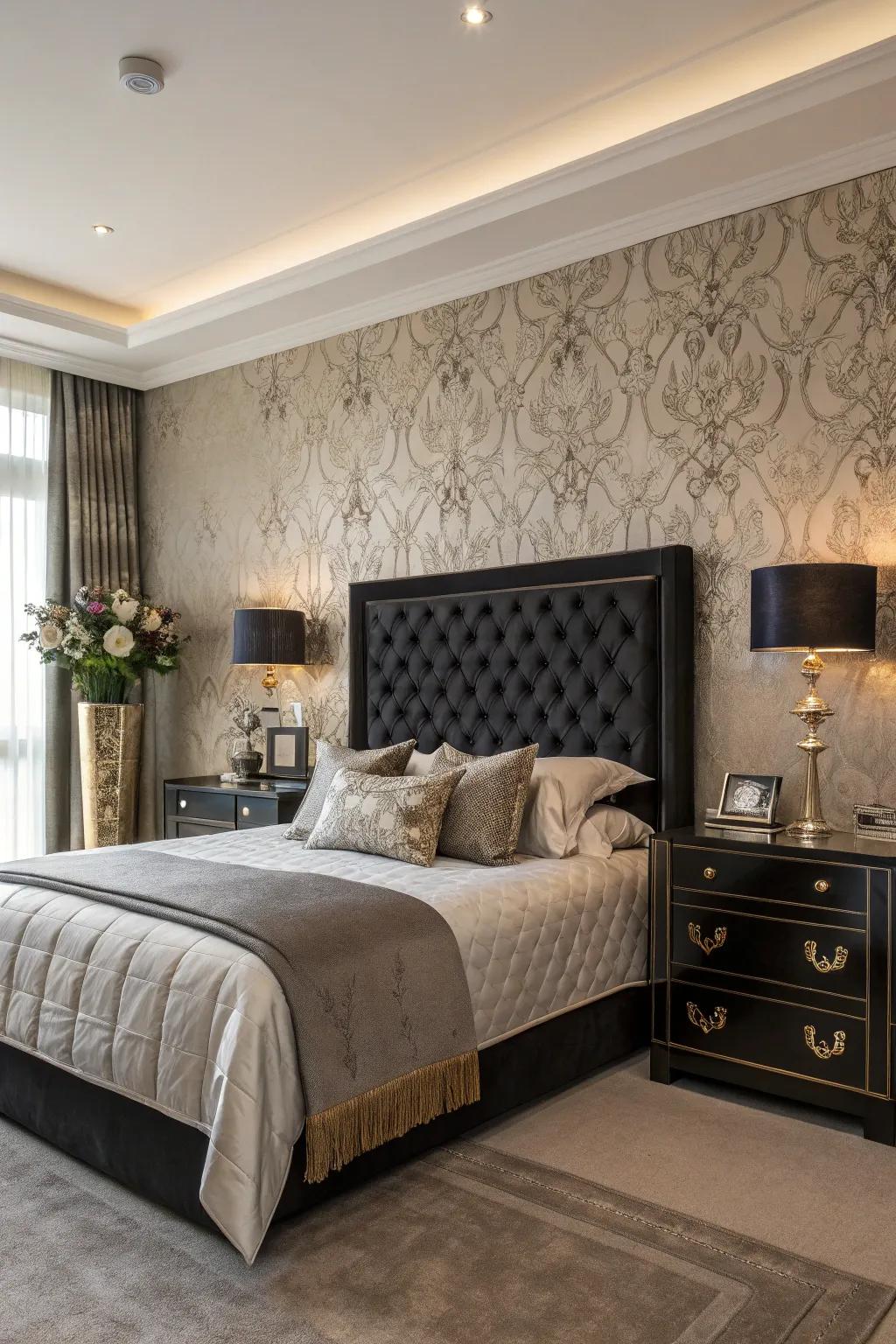 Refined bedroom showing textured wall behind a black headboard