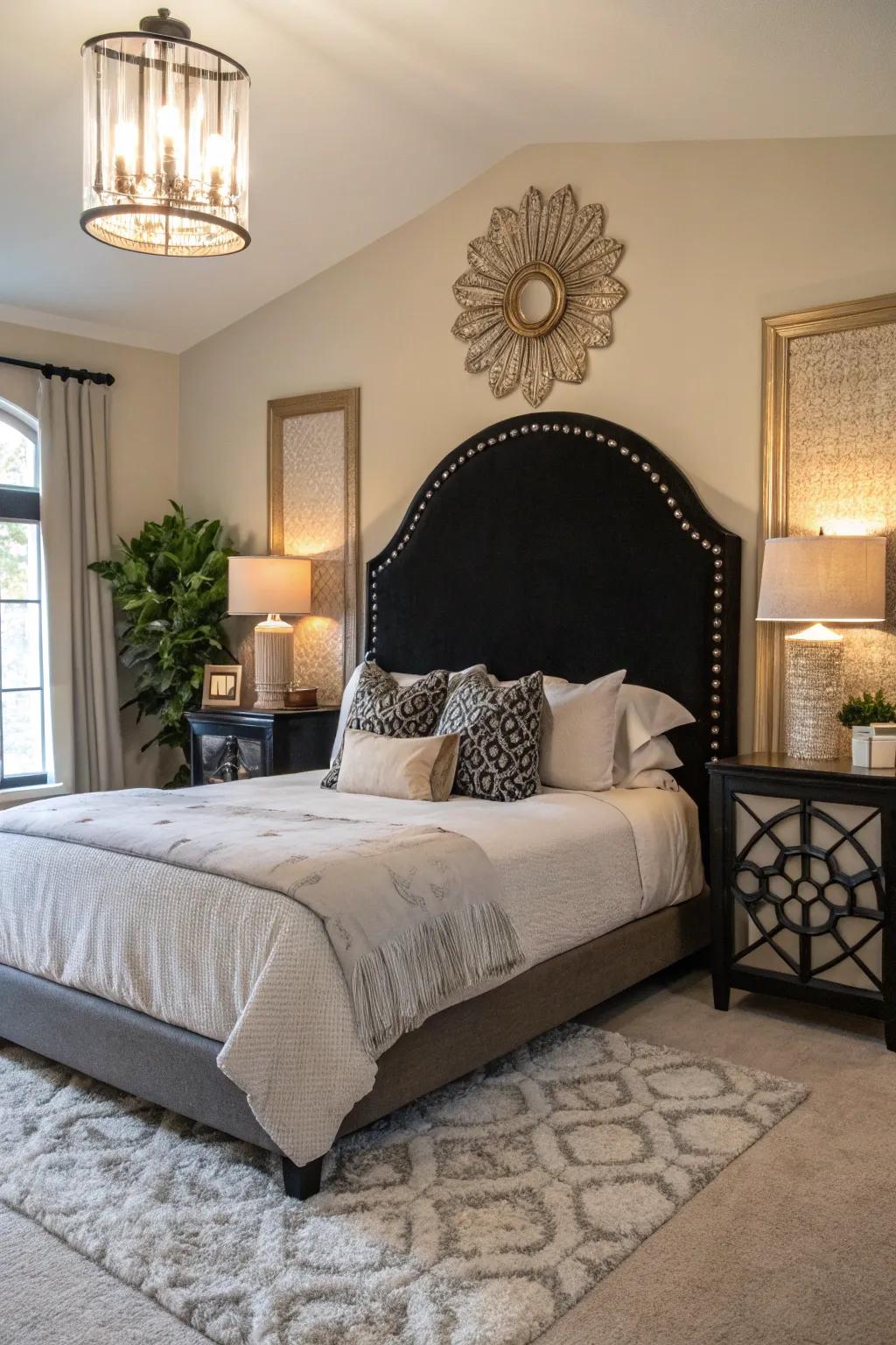 Stylish bedroom boasting a black arched headboard