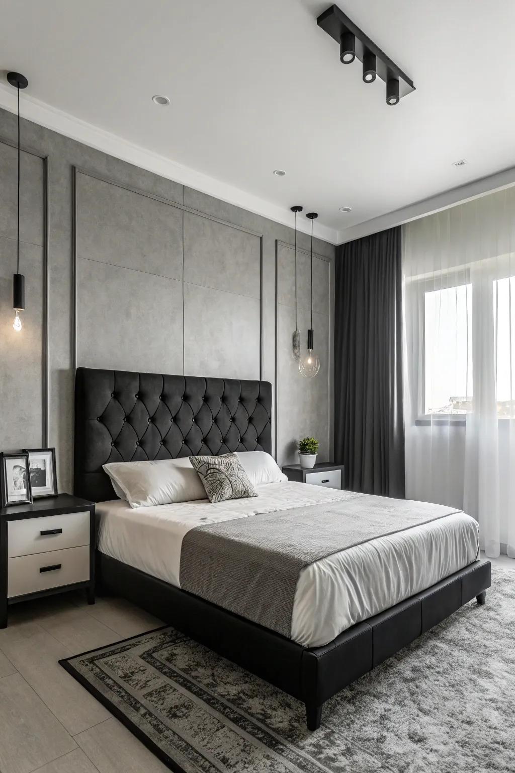 Modern bedroom formed with black, white, and gray tones and a black headboard