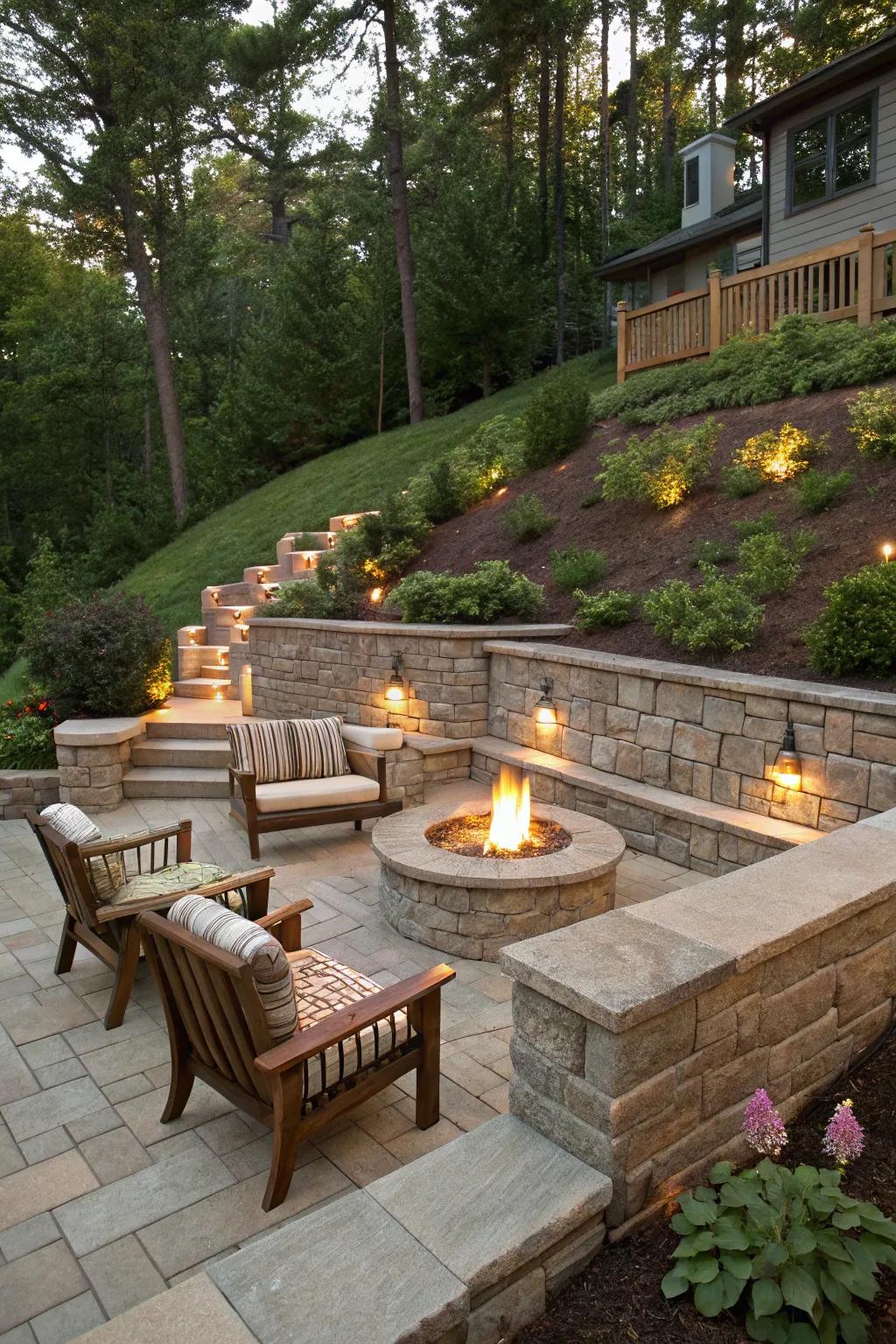 Fire pits create a warm centerpiece in retaining wall landscapes.