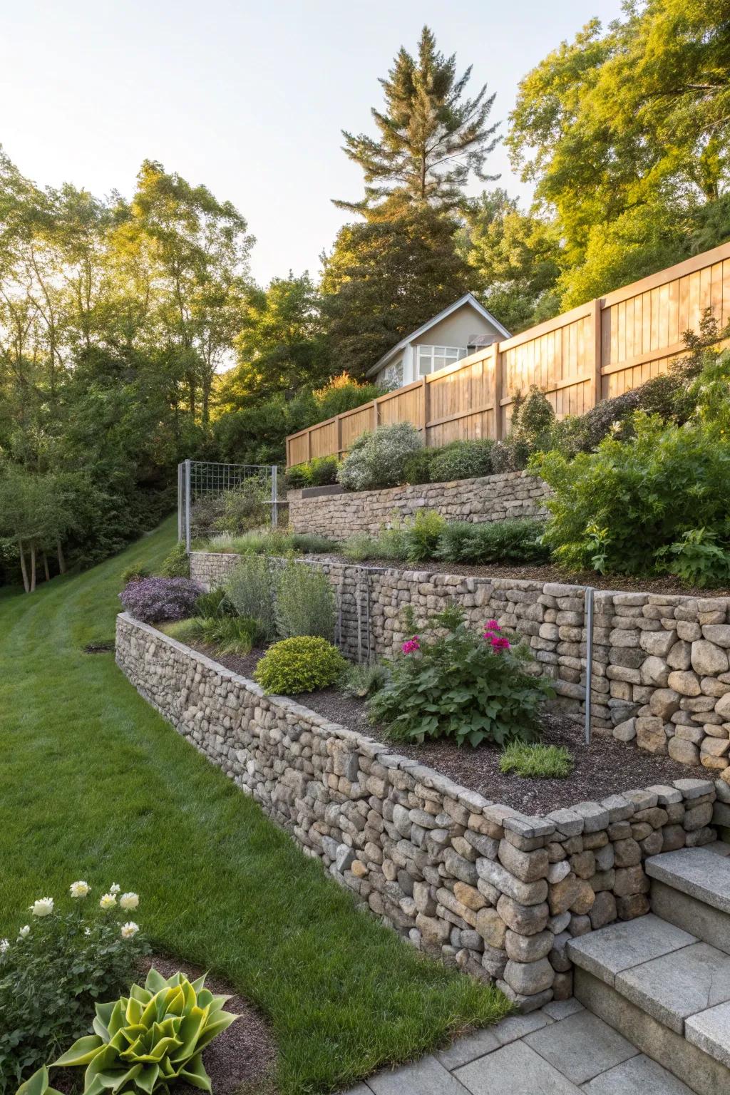 Gabion retaining walls blend nature and modern design.