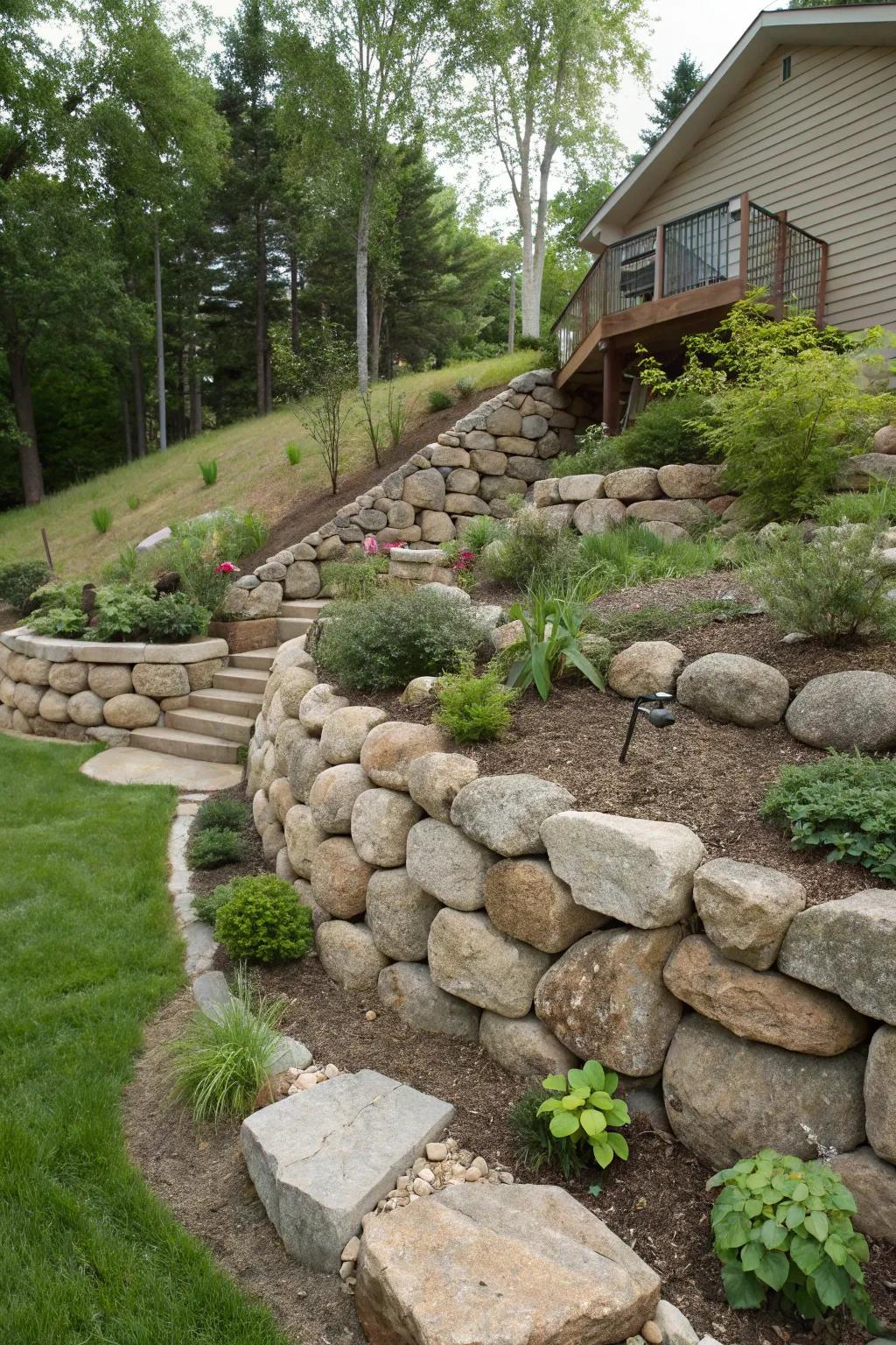 Rock walls use varied stone sizes to create visual art in landscapes.