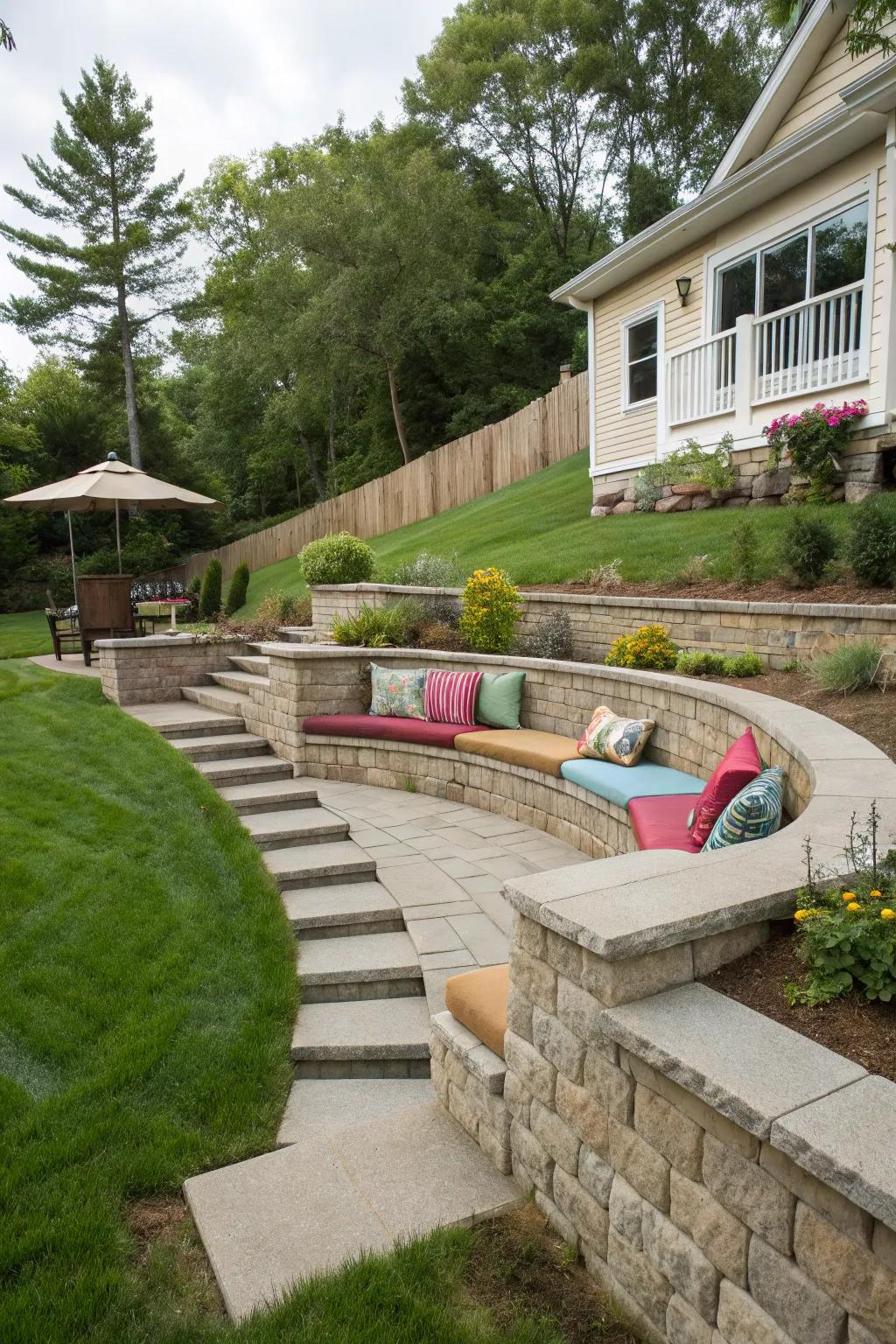 Seating incorporated into retaining walls enhances social spaces.