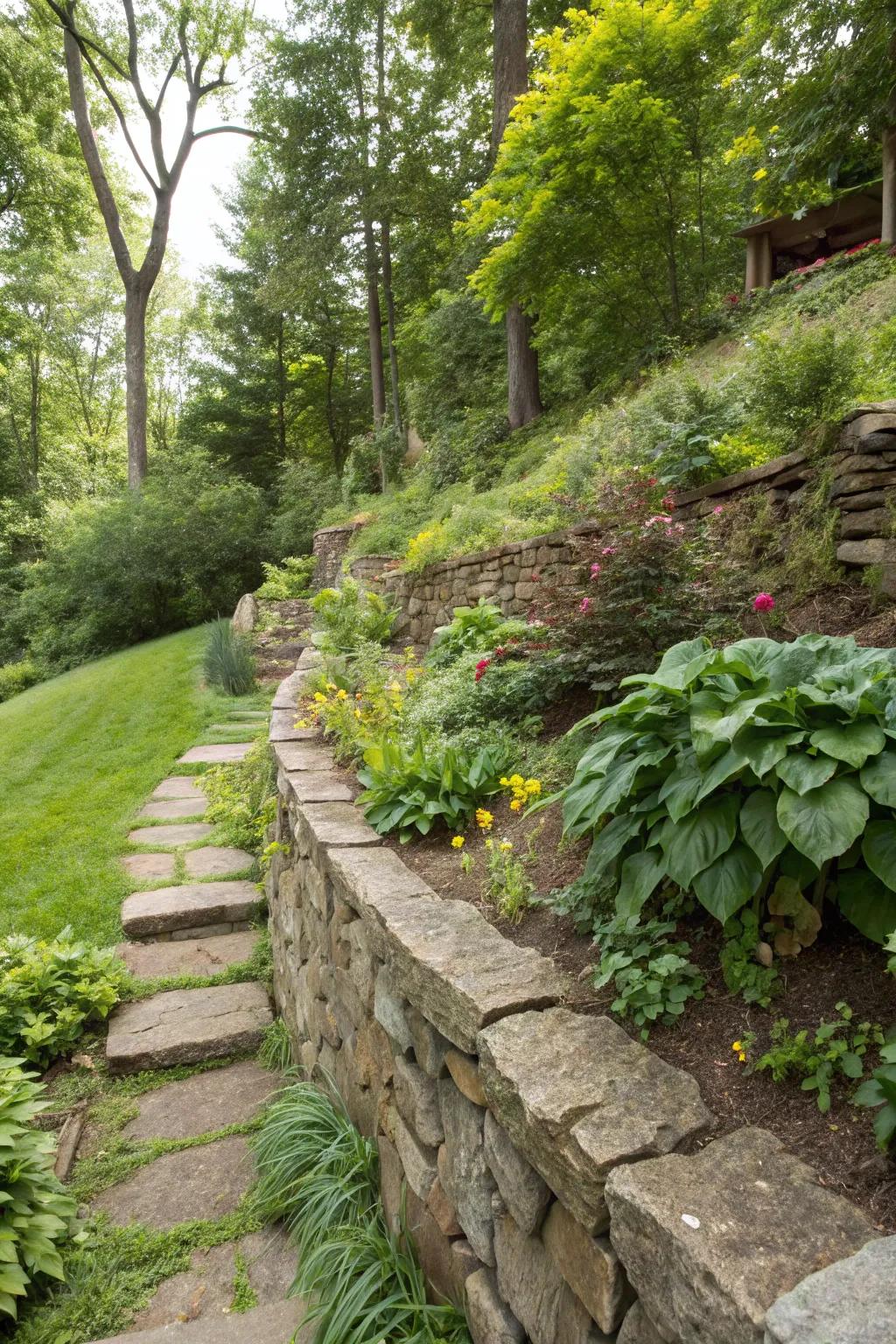 Natural stone walls offer enduring rustic charm for sloped yards.