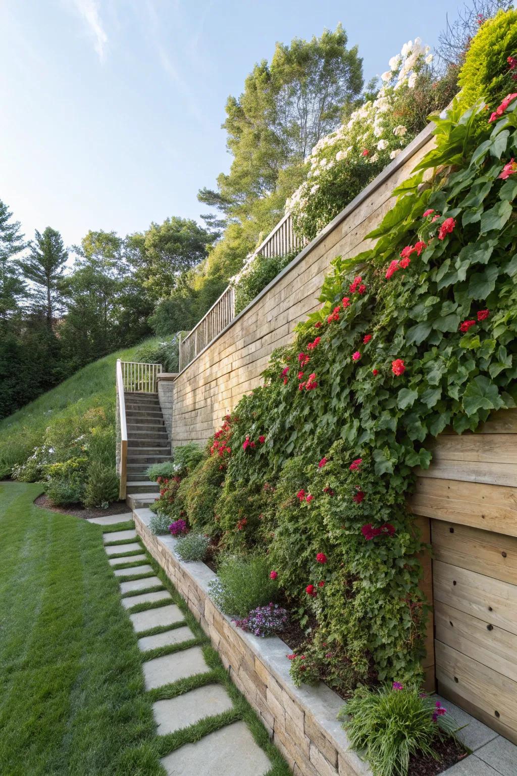 Living walls add greenery and vivid color to retaining structures.
