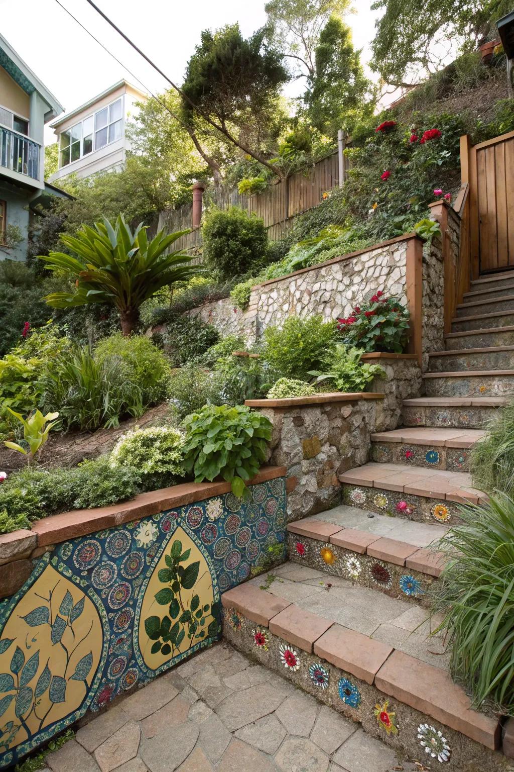 Colorful mosaic tiles bring artistry to retaining walls.