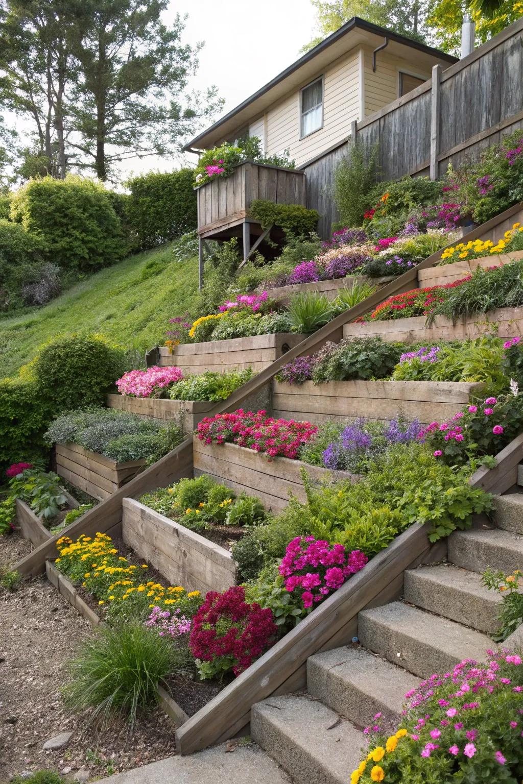 Terraced garden beds turn steep slopes into rich, segmented planting areas.