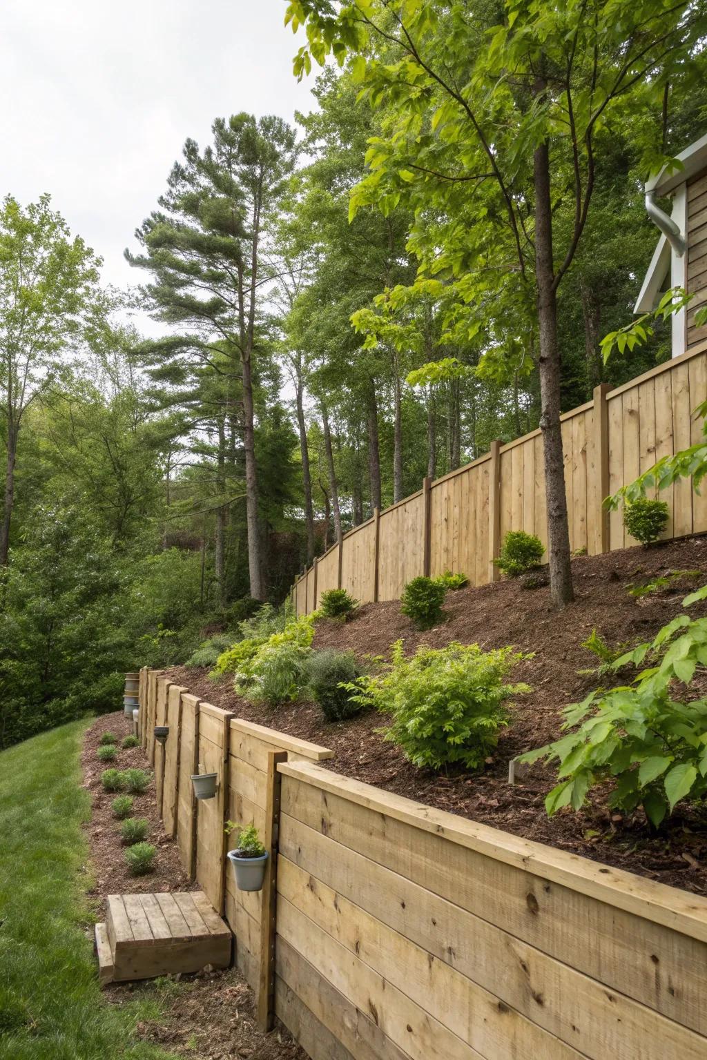 Wooden retaining walls offer inviting, organic appeal.