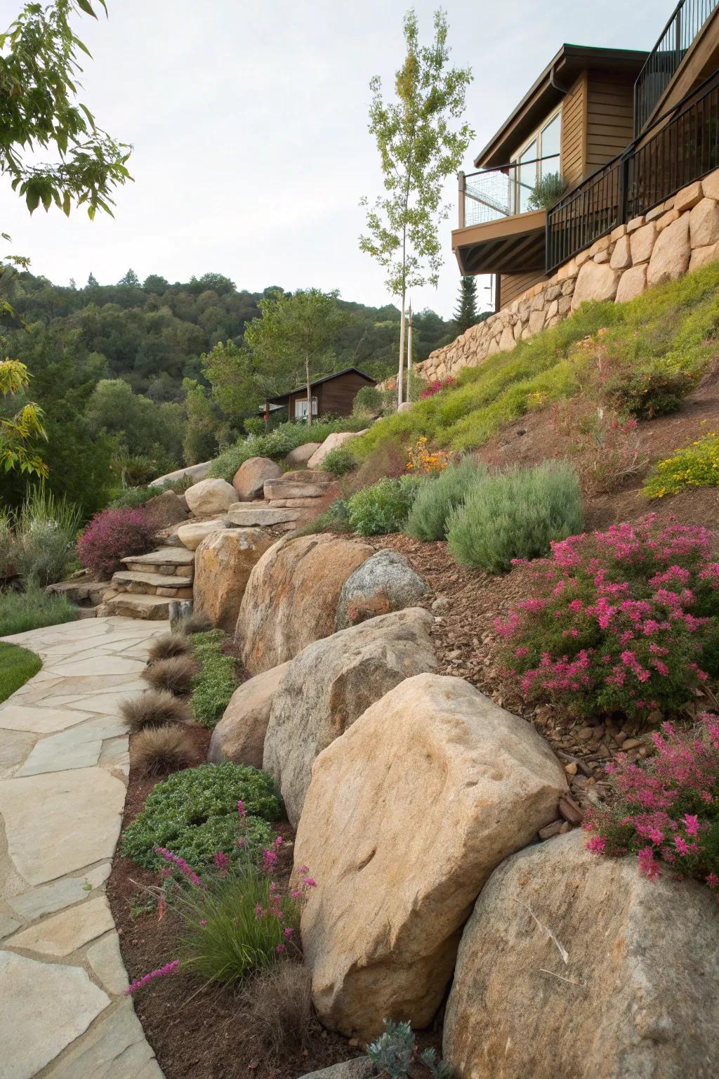 Boulder retaining walls deliver bold, natural aesthetics.