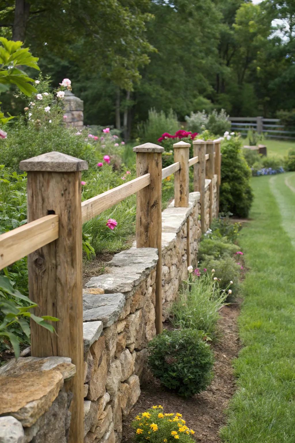 Natural stone combined with wooden elements creates textured, inviting fences.