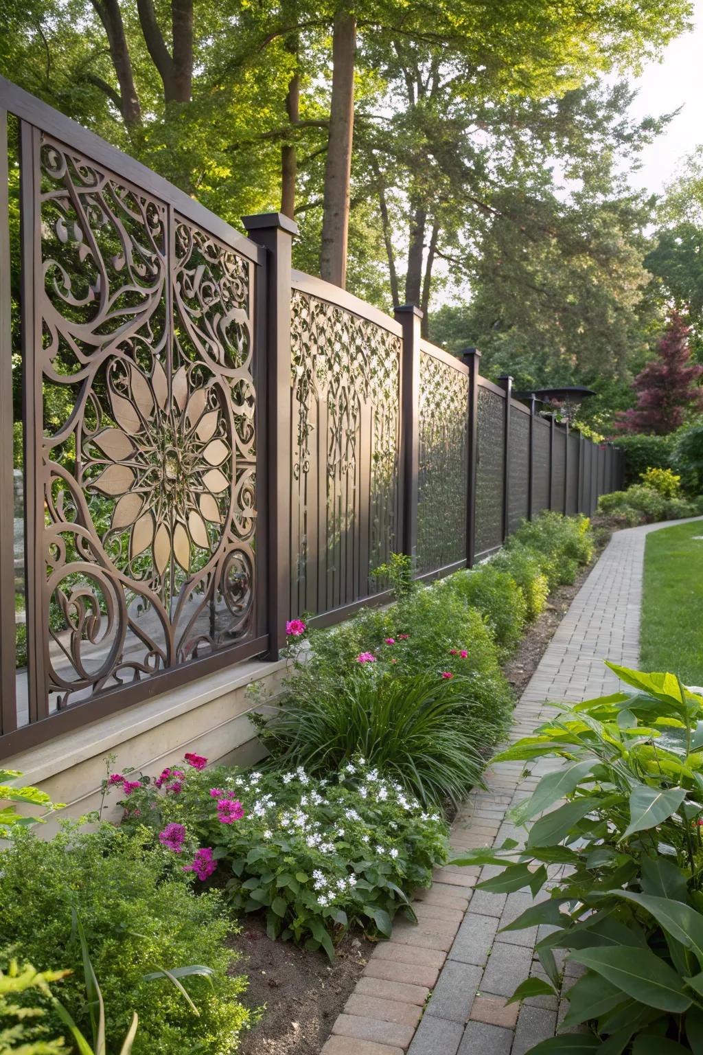 Laser-cut metal panels offer intricate and artistic privacy fencing.