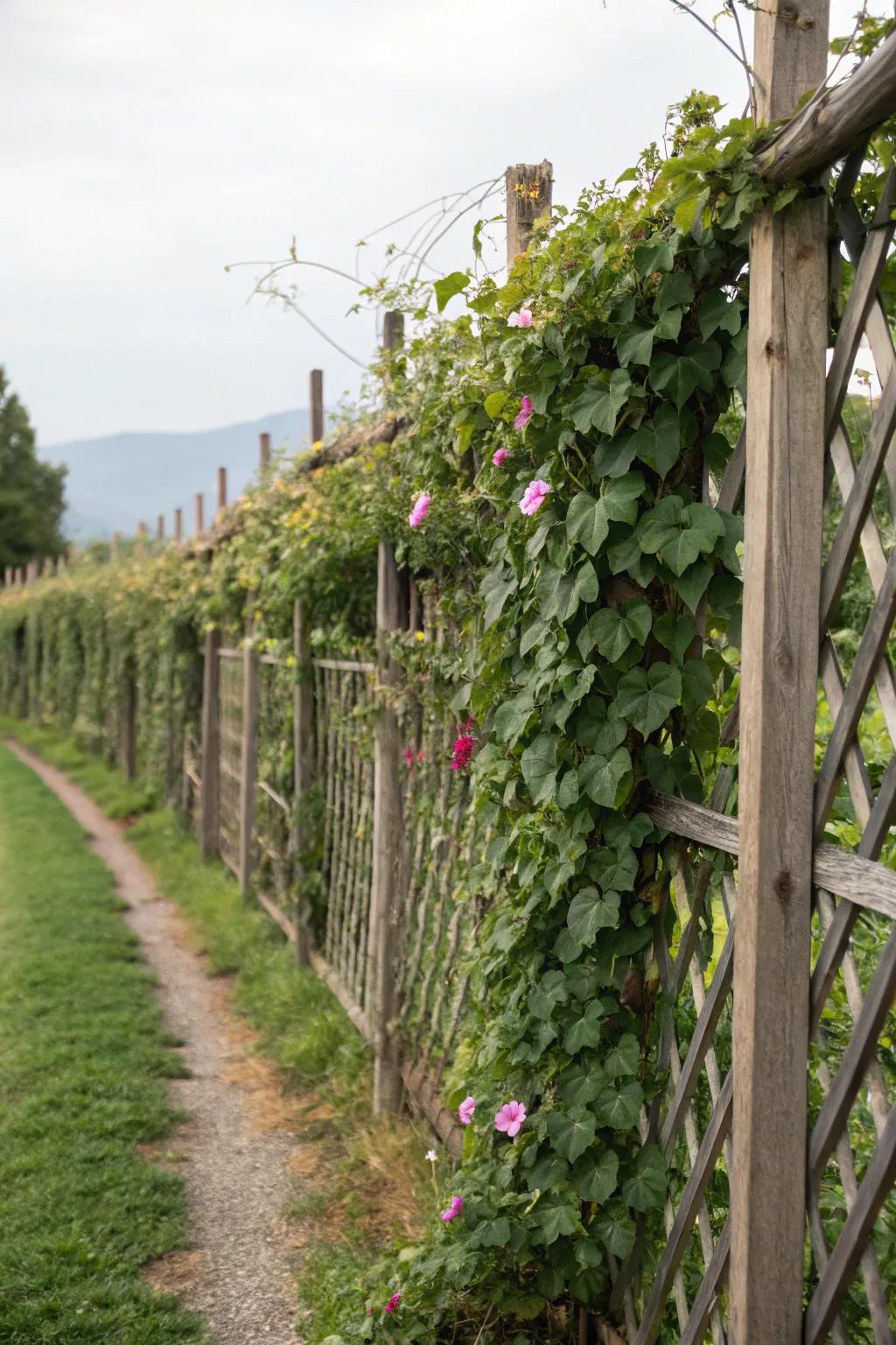 Vine-covered fences create living walls that blend with nature.