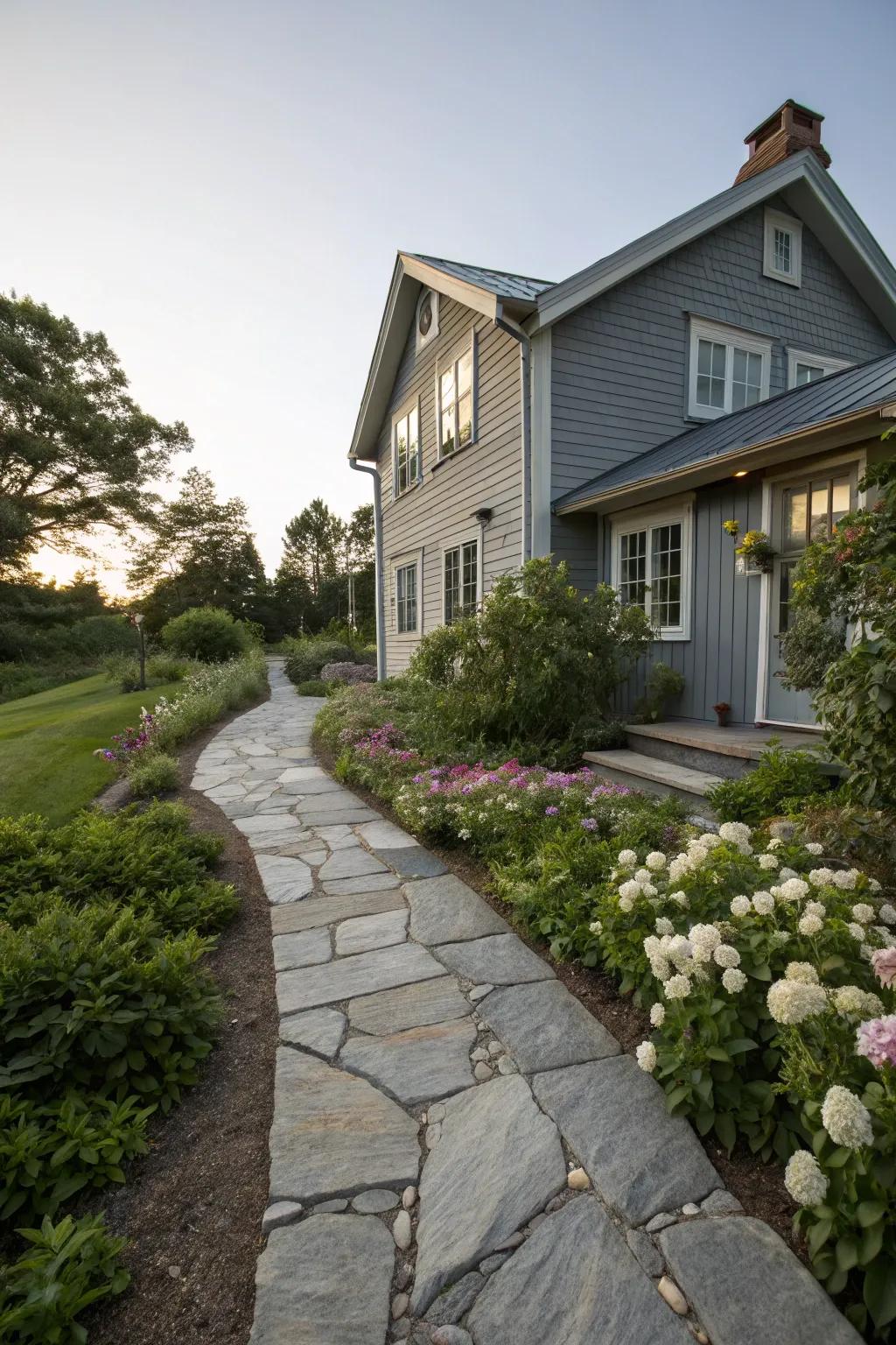 Sophisticated natural stone pathway leading to a grey house.