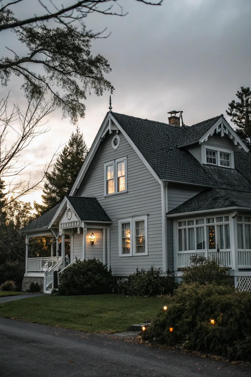 Gabled roof accentuated with varied grey shades.