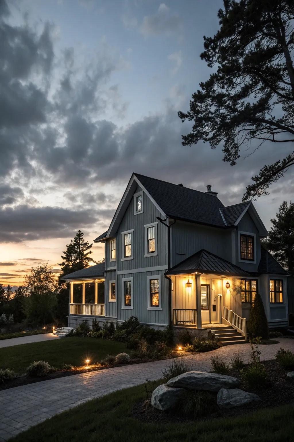 Soft yet dramatic lighting illuminating a grey exterior.