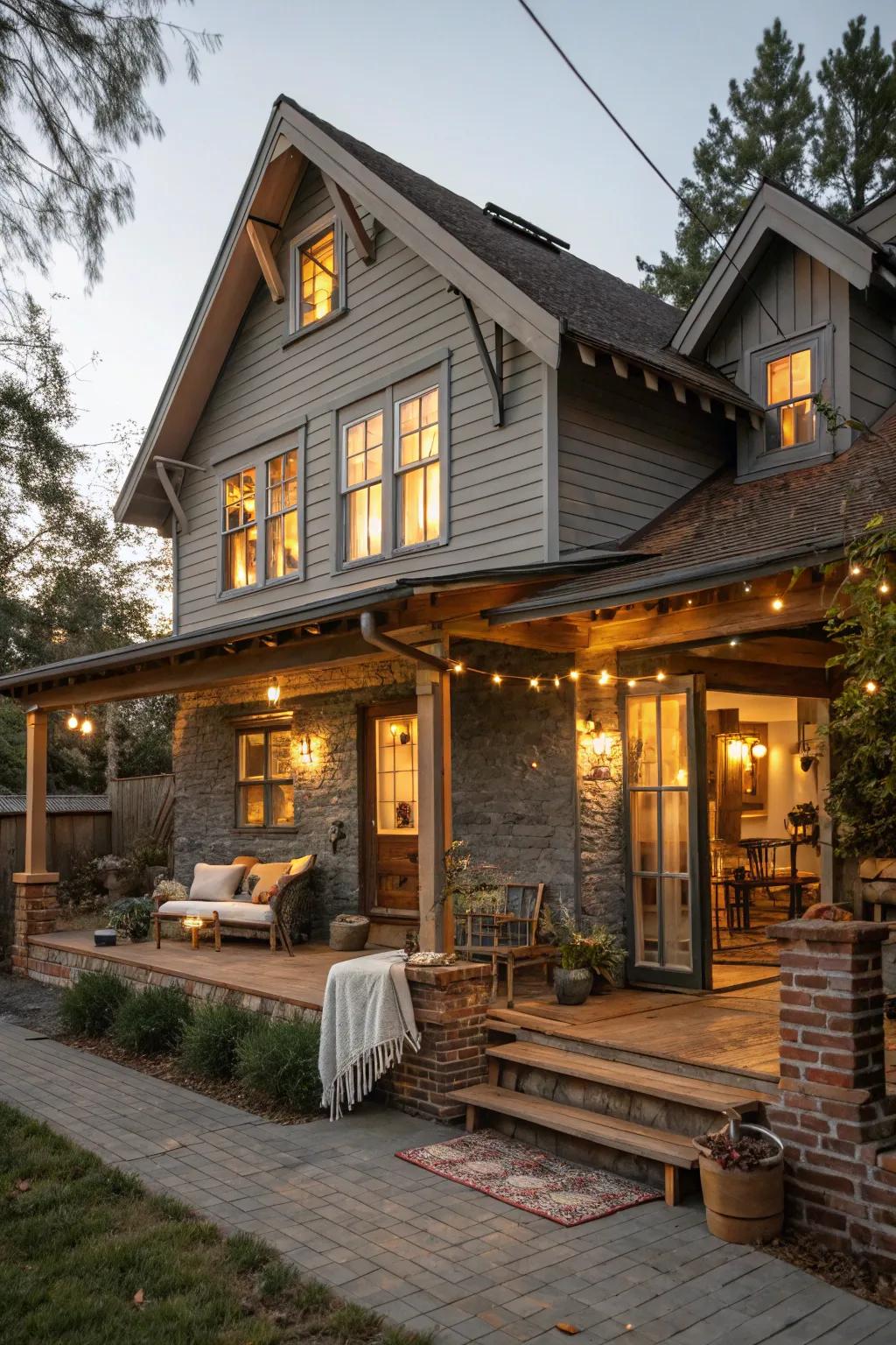 Grey siding complemented by rustic barn-style exterior lighting.