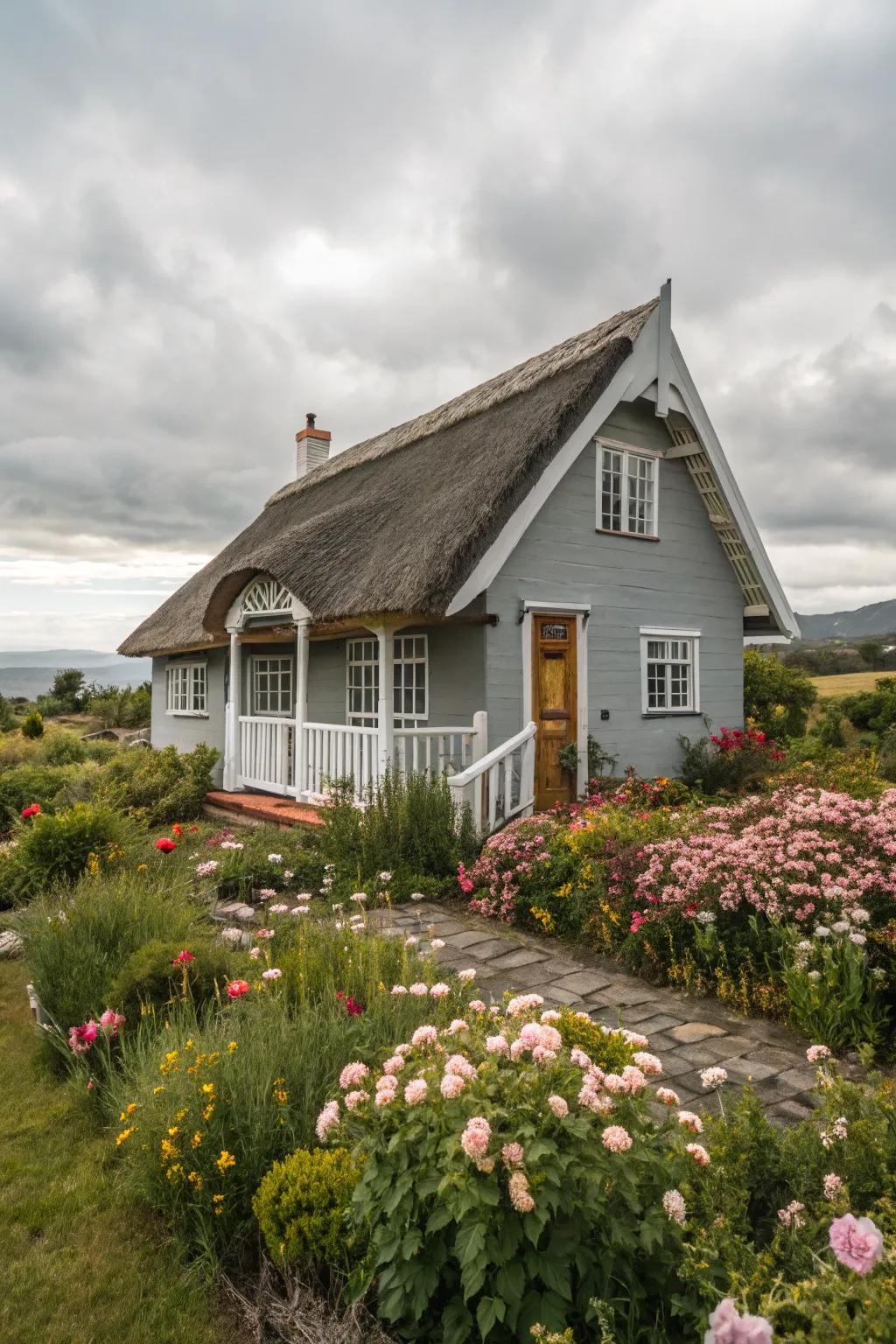 Charming grey home accented with crisp white trim.