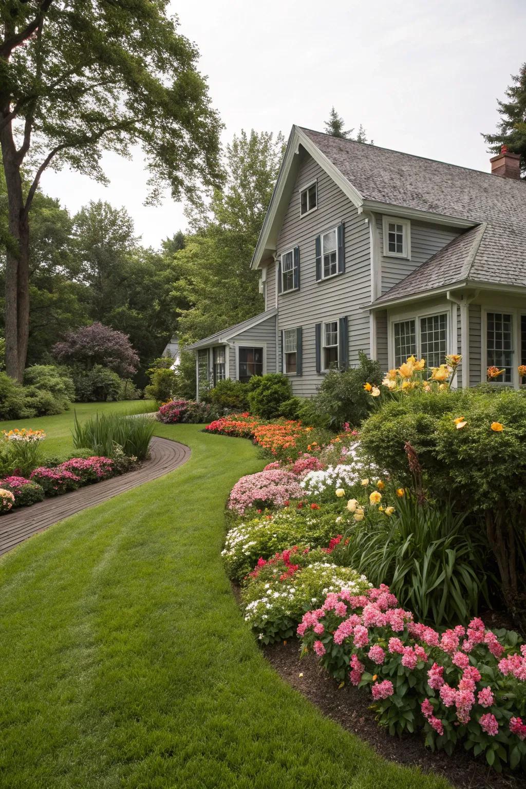 Lush greenery contrasting beautifully against grey walls.