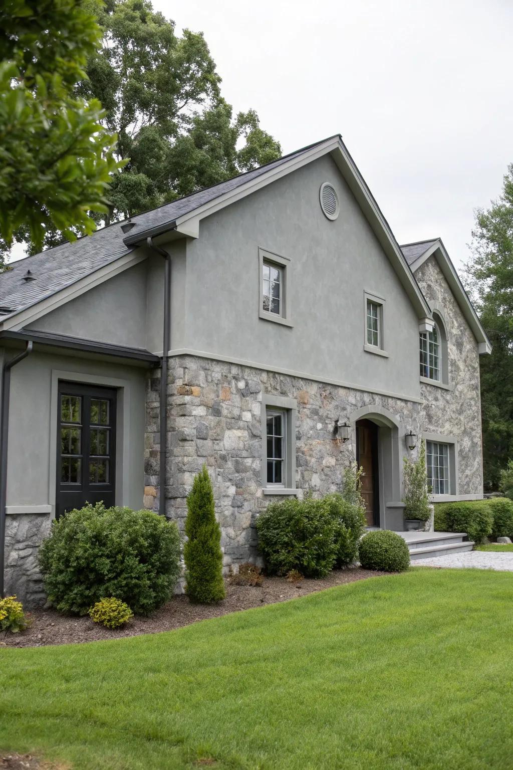 Stone accents enrich grey walls with natural texture.