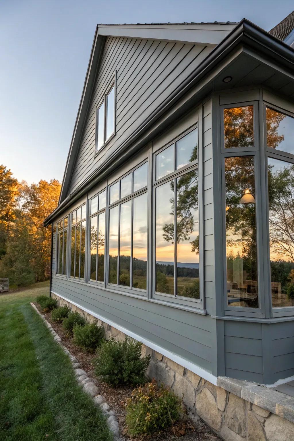 Large windows invite sunlight into a grey-toned home.