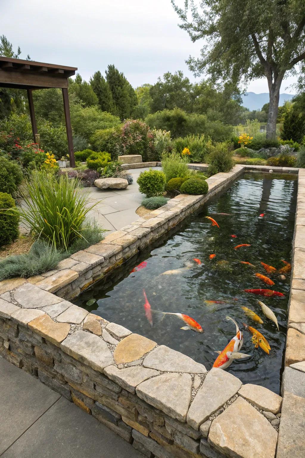Raised koi pond bordered with rustic natural stones