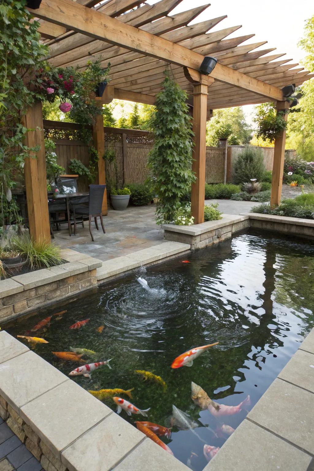 Pergola providing shade over a raised koi pond