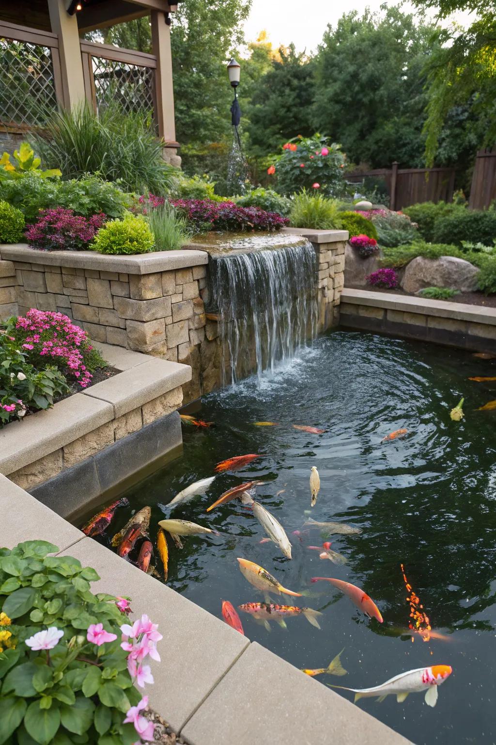 Raised koi pond with an elegant cascading waterfall